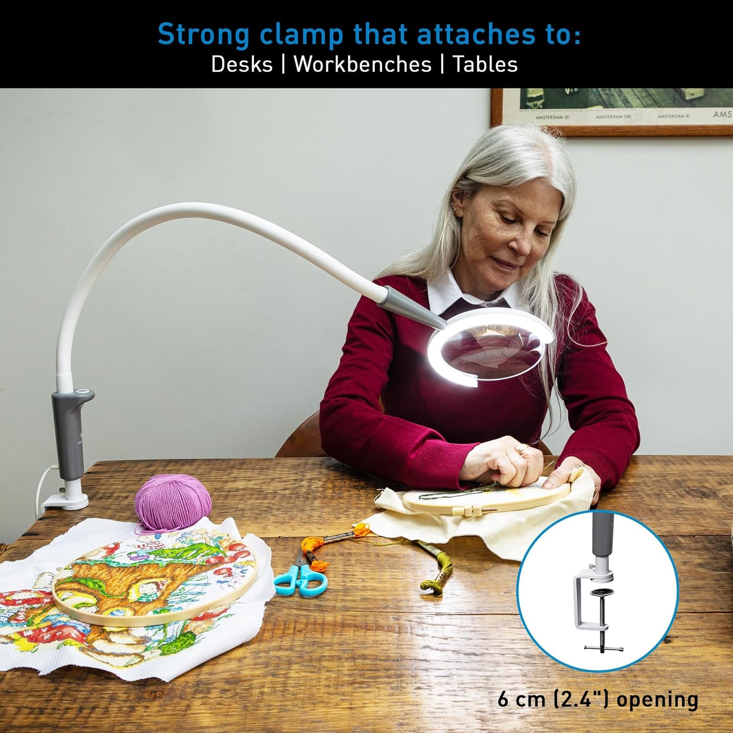 Daylight Magnificent Pro™ LED Magnifying Lamp with Clamp – 2-in-1 Task Light & Magnifier, 5,500 Lux at 6", 5" 1.75X Lens, 3 Brightness Levels, Flexible 26" Arm, 95+ CRI, Easy Twist Head – White/Grey