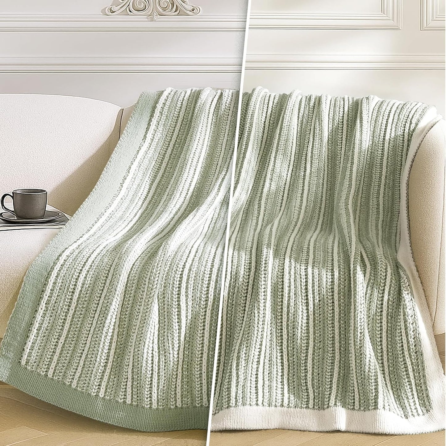 Amélie Home Striped Knit Throw Blanket for Couch, Dual-Sided Soft Chenille Decorative Blankets for Sofa & Chair, 50"x60", Sage Green & White