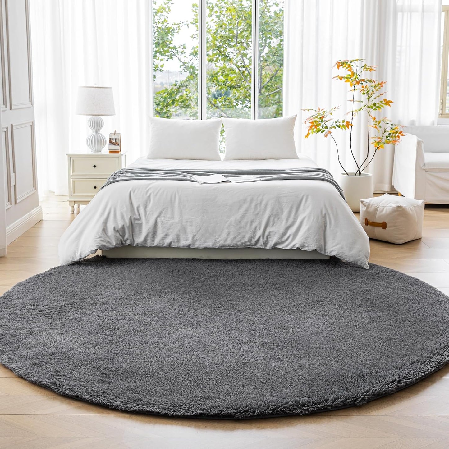 Amazon Basics Fluffy Washable Round Area Rug, Circle Shaggy Carpet for Living Room, Bedroom, Nursery, 7'R, Dark Gray