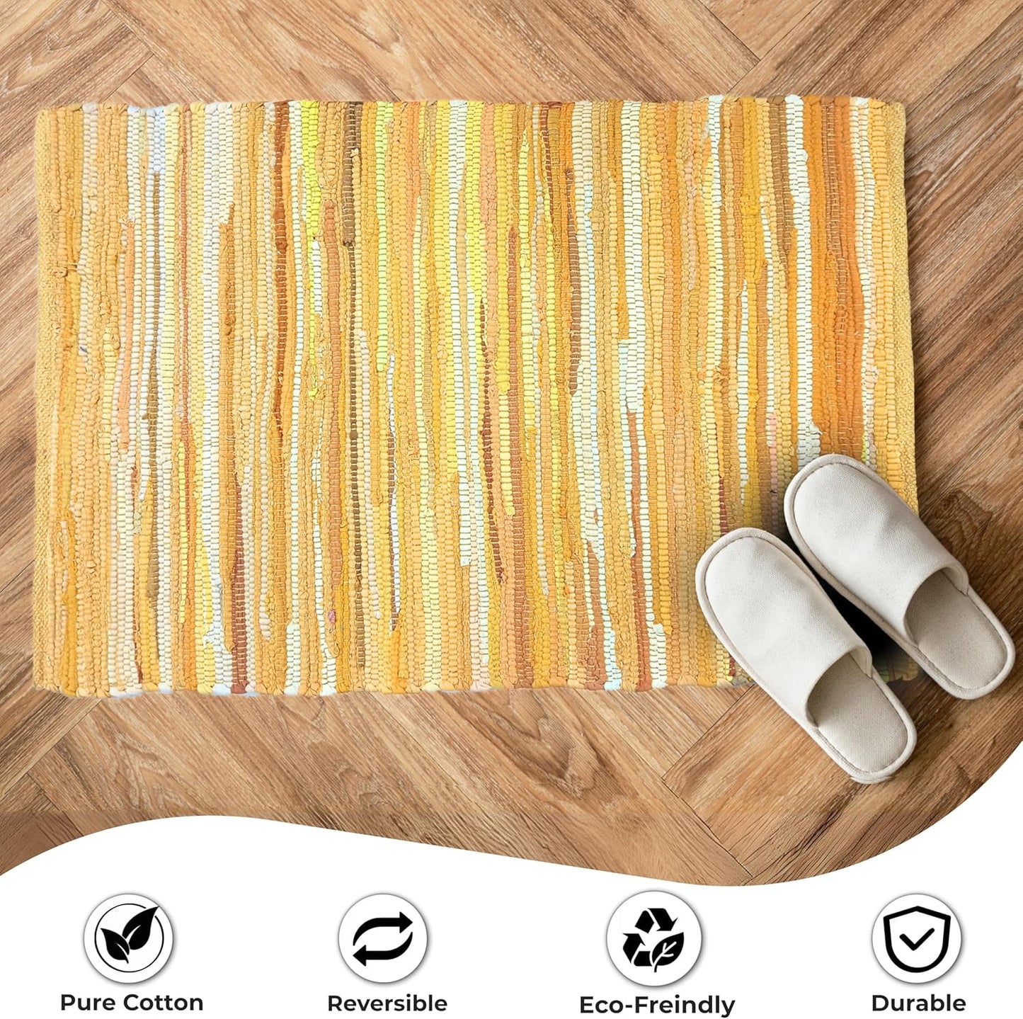 Ramanta Home 100% Cotton Hand Woven Tonal Chindi Rag Rug 2'x3' - Mustard, Recycled Reversible Rug, Boho Rustic Farmhouse Rugs for Living Room, Dinning Room, Kitchen Floor Mats - 24"x36"
