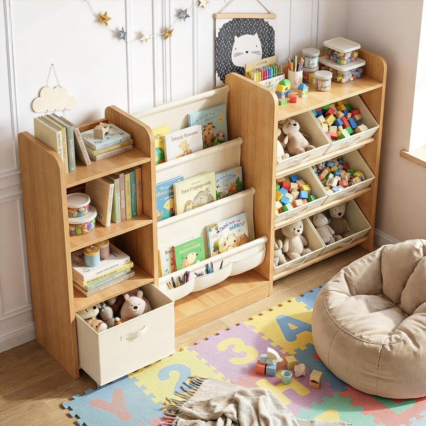 Kids Bookshelf and Toy Storage, Large Toy Storage Chest with Removable Bins, Kids Toy Storage Organizer, Sling Baby Bookcase, 4-Tier Book Shelf for Kids Room, Playroom, Classroom