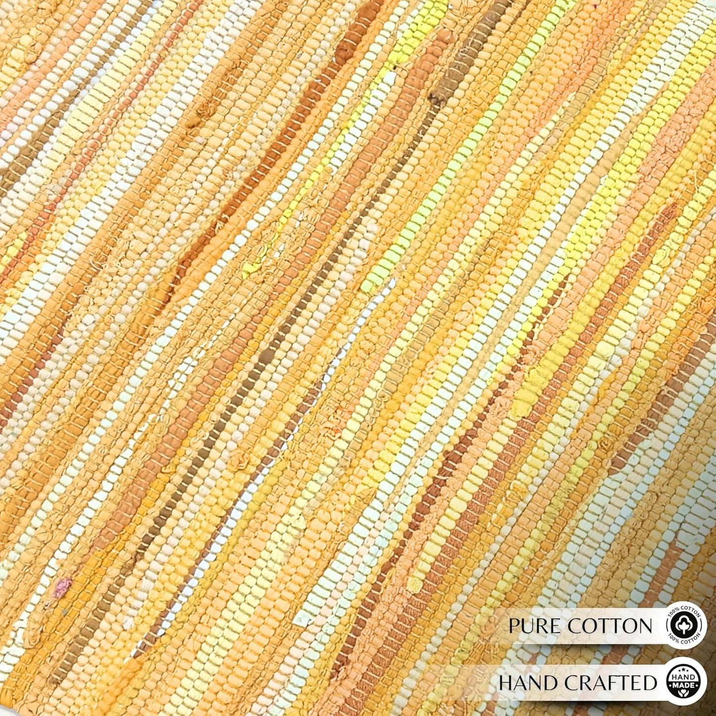 Ramanta Home 100% Cotton Hand Woven Tonal Chindi Rag Rug 2'x3' - Mustard, Recycled Reversible Rug, Boho Rustic Farmhouse Rugs for Living Room, Dinning Room, Kitchen Floor Mats - 24"x36"