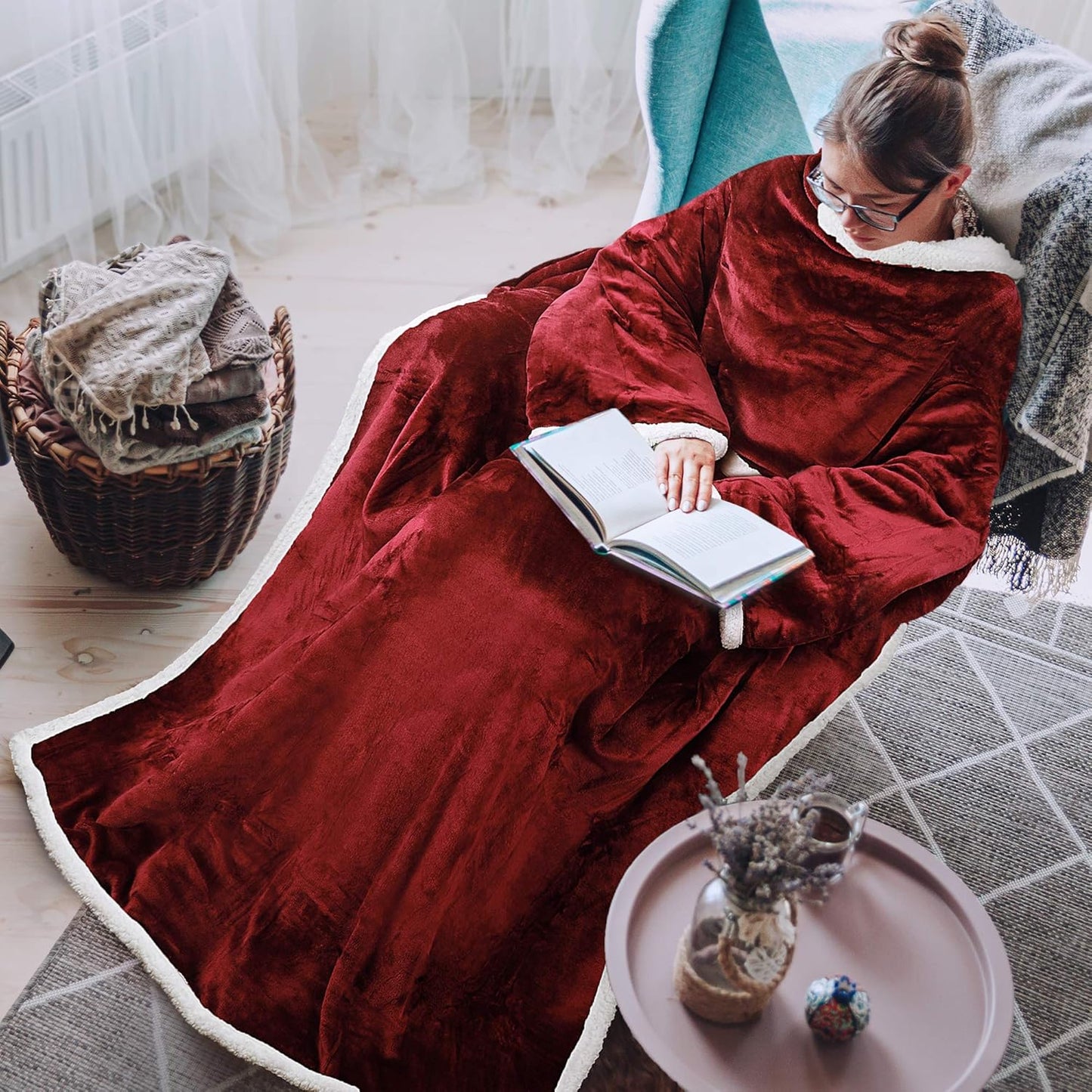Tirrinia Sherpa Wearable Blanket With Sleeves, Full Body Throw Reading Wrap TV Blankets