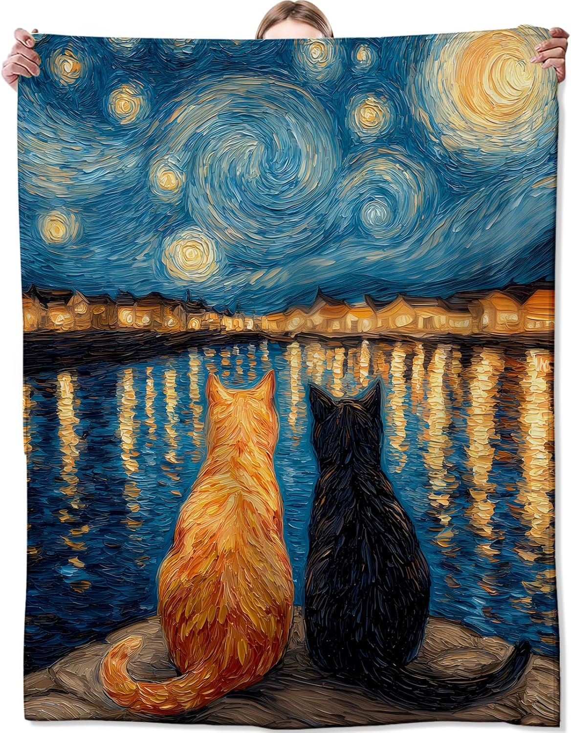 Cat Flannel Blanket, Soft Cozy Throw with Kitten Starry Night, Oil Painting Dreamy Home Bedroom Decor and Gifts for Women Kids Girls, Lightweight Blankets for All Seasons, 50x60 Inch