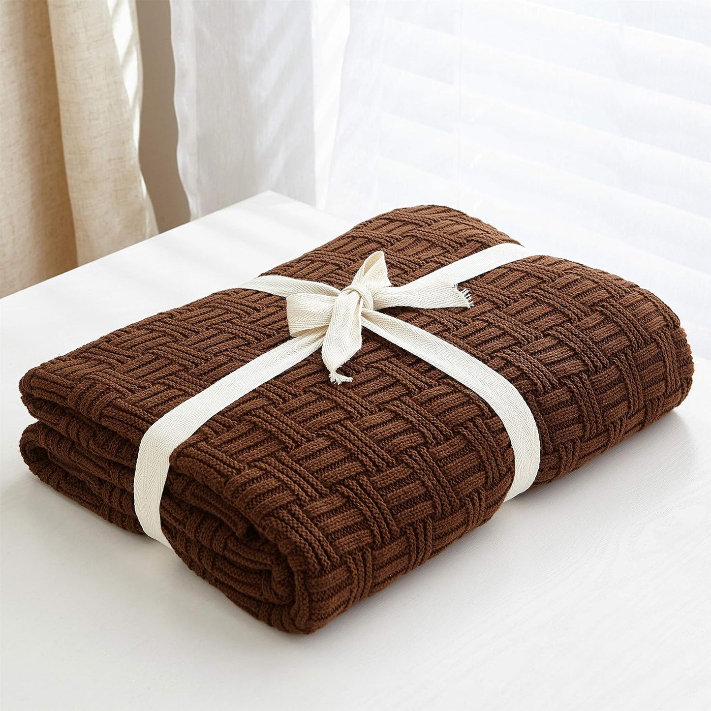 Dark Brown Cotton Knit Throw Blanket for Couch Sofa Bed - Home Decorative Soft Cozy Sweater Woven Fall Cable Knitted Blankets - 2.2 pounds 50 x 60 Inch