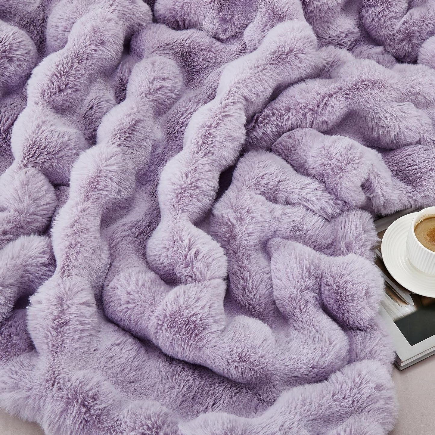 JONIYEAR Extra Large Soft Fuzzy Bubble Faux Rabbit Fur Bed Blanket Queen Size 80" x 90", Reversible Aesthetic Warm Thck Fluffy Blanket for Winter, Luxury Cozy Shaggy Plush Furry Blankets,Lilac Purple
