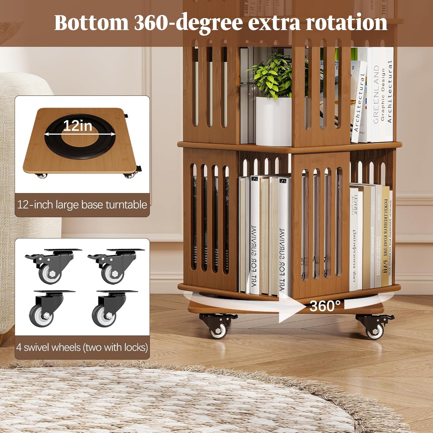 6 Tier Rotating Bookshelf Tower on Wheels, Wood Spinning Bookcase, Bamboo Revolving Book Shelf, Narrow Bookshelves for Small Space, Corner, Bedroom, and Living Room - Walnut