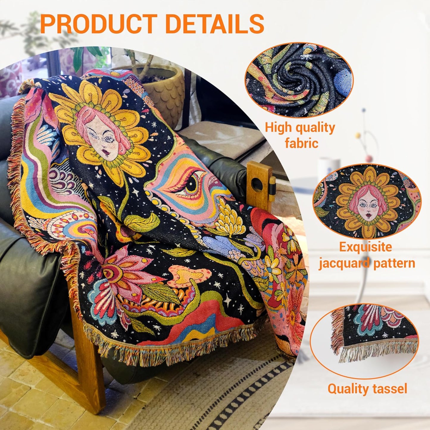 Hippie Flower Boho Throw Blanket for Couch Bed Chair Lounge Hippie Room Decor Reversible Cotton Woven Whimsical Throw Blanket Witchy Room Decor Throws Bed Spread Outdoor Camping Blanket 51x59 Inches