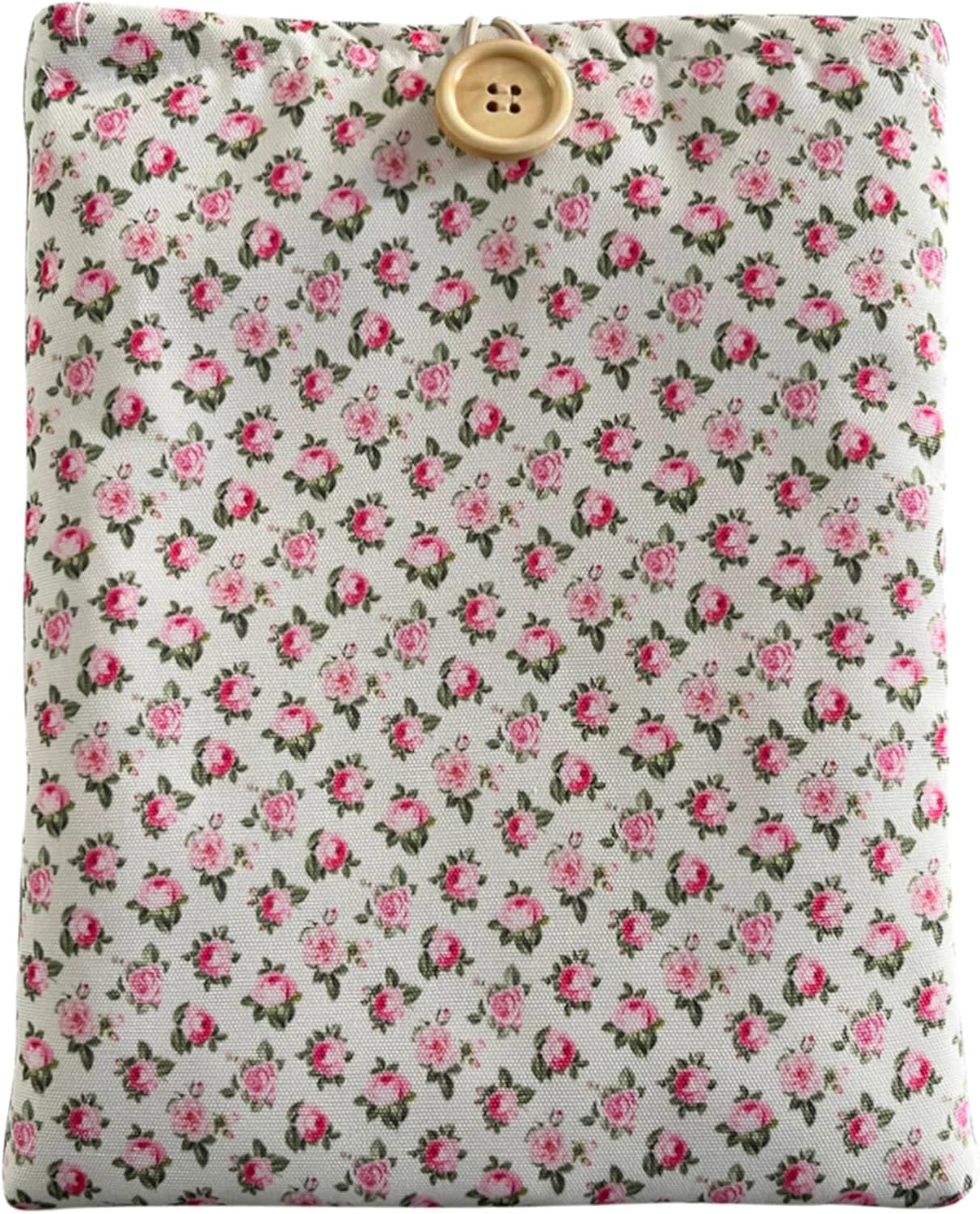 Floral Book Sleeve - Elegant Book Cover with Wooden Button, Cotton Padded Protector for Paperbacks & Hardcovers, Ideal for Book Lovers, Durable Design (White & Roses, Large)