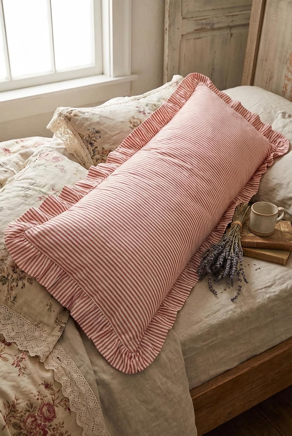 Tegeme Set of 1 Ruffled Body Pillow Cover 20"x54" Red and White Striped Decorative Pillowcases Boho Cute Soft Polyester Cotton Farmhouse Cushion Cover for Bed Sofa Living Room Decor
