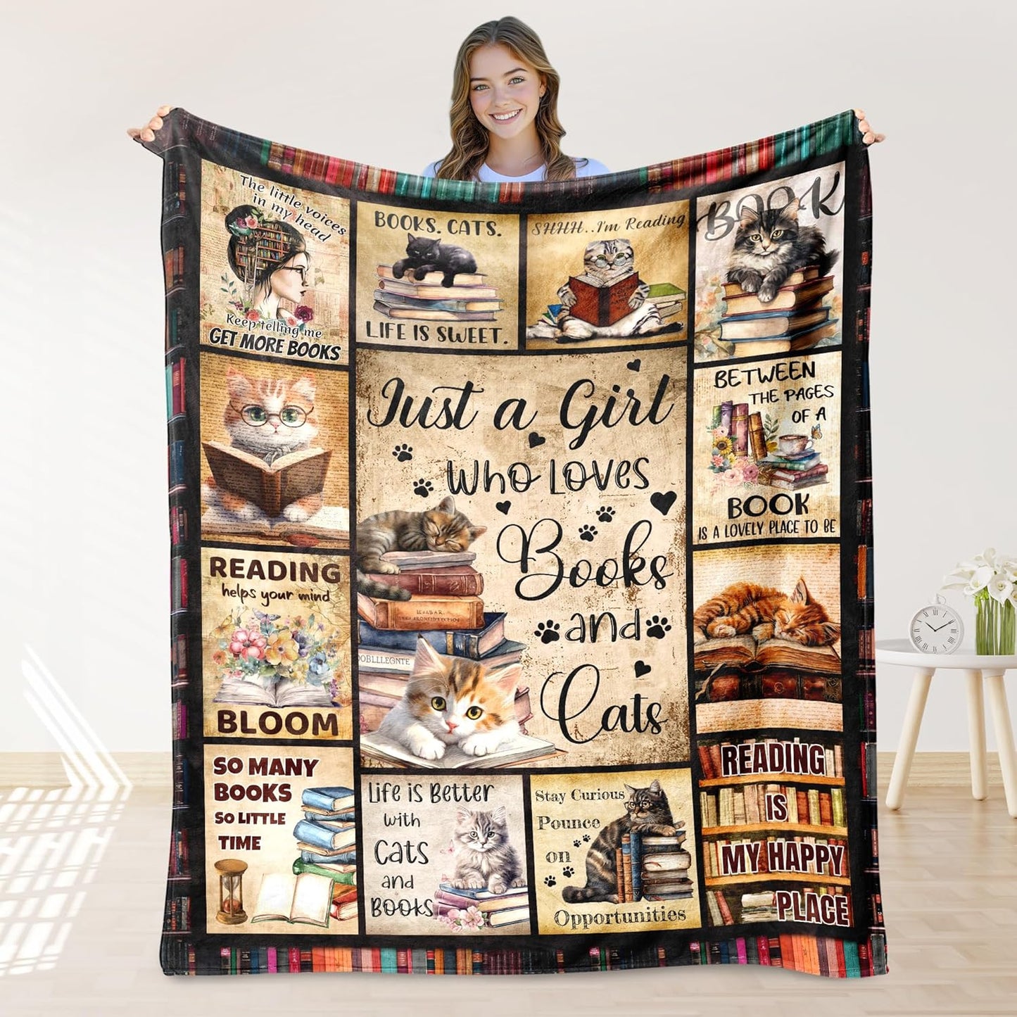 Book Lovers Gift for Girls, Books Blanket for Girls, Just A Girl Who Loves Books Cats Blanket, Gifts for Readers Book Lovers Women 40"x 50"