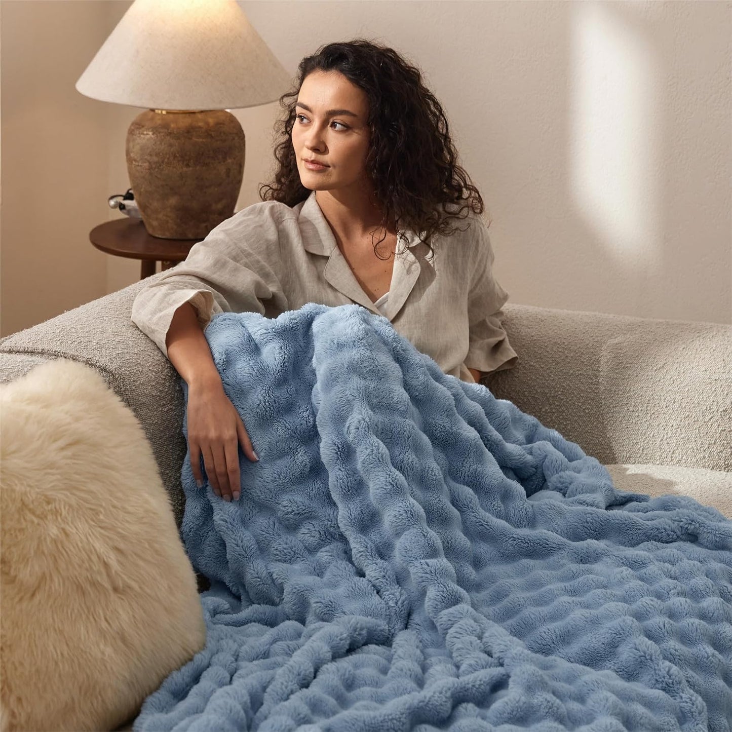 Bedsure 3D Fleece Bubble Blanket for Couch - GentleSoft Blue Spring Throw Blanket for Sofa Bed Room Decor - Luxury Soft Cozy Gifts for Her, Lightweight, All Seasons, Celestial Blue, 50"×60"