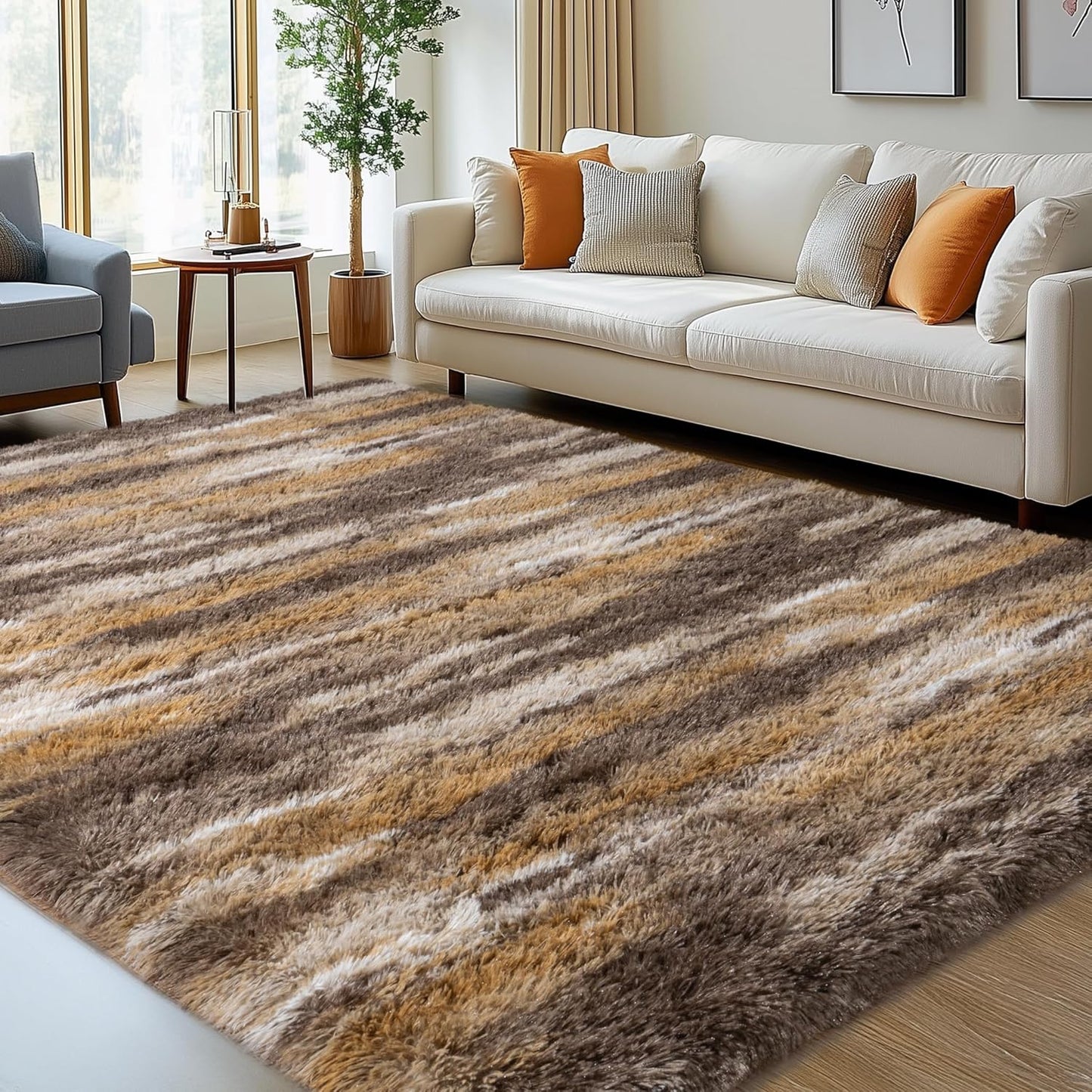 Fluffy Rugs for Bedroom Living Room, 4x6 Feet Abstract Brown Shag Area Rugs, Non-Slip Indoor Modern Fuzzy Plush Floor Carpet for Dorm Nursery Kids Room Decor, Soft Shaggy Throw Rug