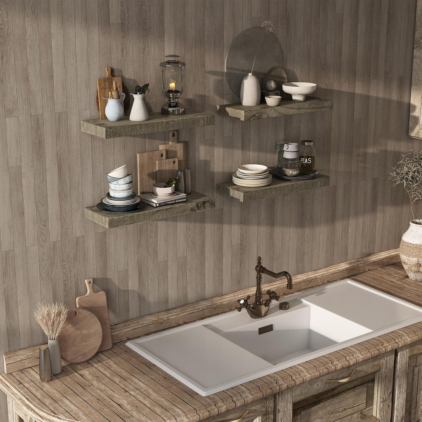 24" Long Solid Reclaimed Wood Floating Shelves, Rustic Heavy-Duty Wall Shelves with Invisible Bracket, 8" Deep Floating Shelf for Living Room, Bathroom, Bedroom and Kitchen, Set of 2, Grey