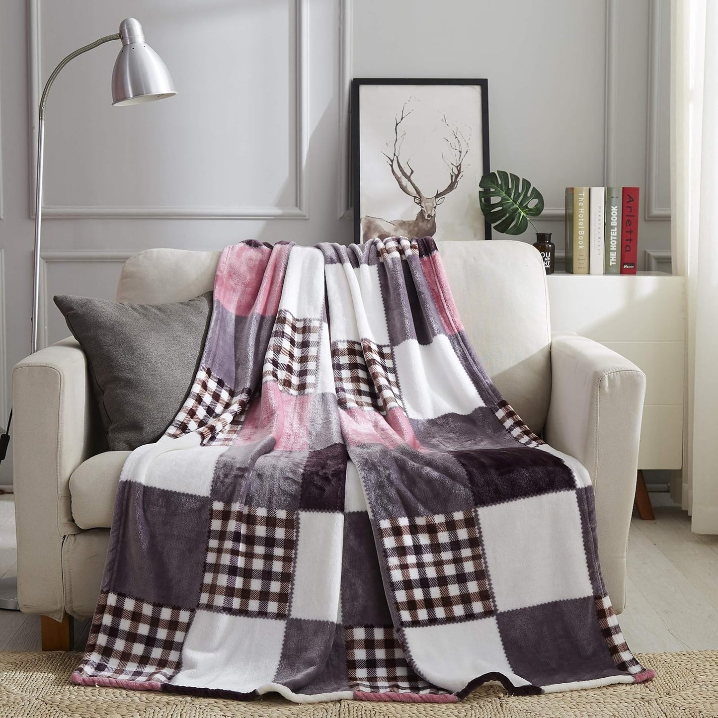 Tache Autumn Pink Purple Farmhouse Super Soft Micro Fleece Plaid Patchwork Plush Lightweight Dual-Sided Decorative Couch, Sofa, Travel, Lap, Bed Throw Blanket, 90x90, Full/Queen Size