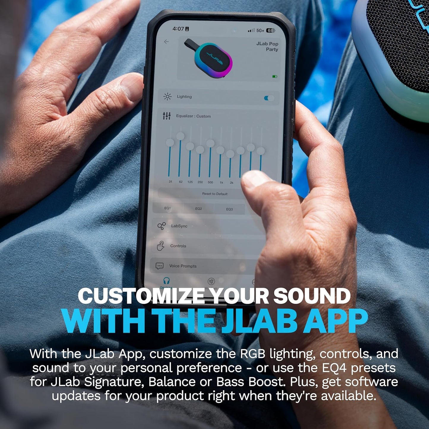 JLab Pop Party Portable Bluetooth Speaker, Mulberry, 8+ Hours of Playtime, IP55 Waterproofing, Detachable Loop Handle, Customizable RGB LED Lighting, Lab Sync Up to 100 Speakers, Custom Sound in-App
