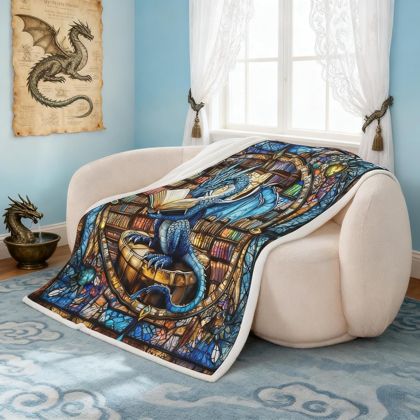 Manfei Western Dragon Kids Throw Blanket,Blue Dragon Reading Book Bookshelf Bed Blanket for Boys Girls,Geometric Patchwork Abstract Fleece Blanket,Trippy Chic Fuzzy Blanket,Twin Size (60 x 80 Inches)