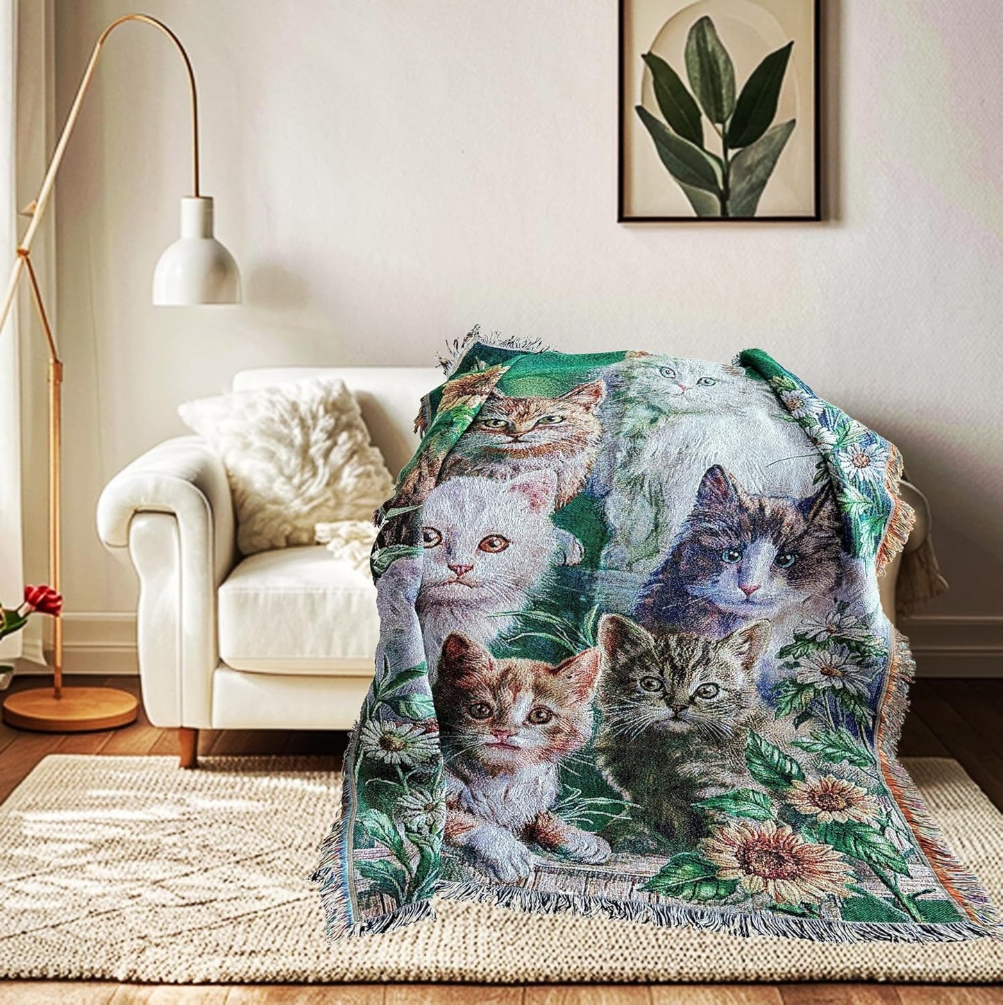Garden Cat Flower Woven Tapestry Throw Blanket Wall Hanging Art Handicrafts Jacquard Multipurpose Soft Travel Mat Outdoor with Fringe Tassels 50 X 60 Inches