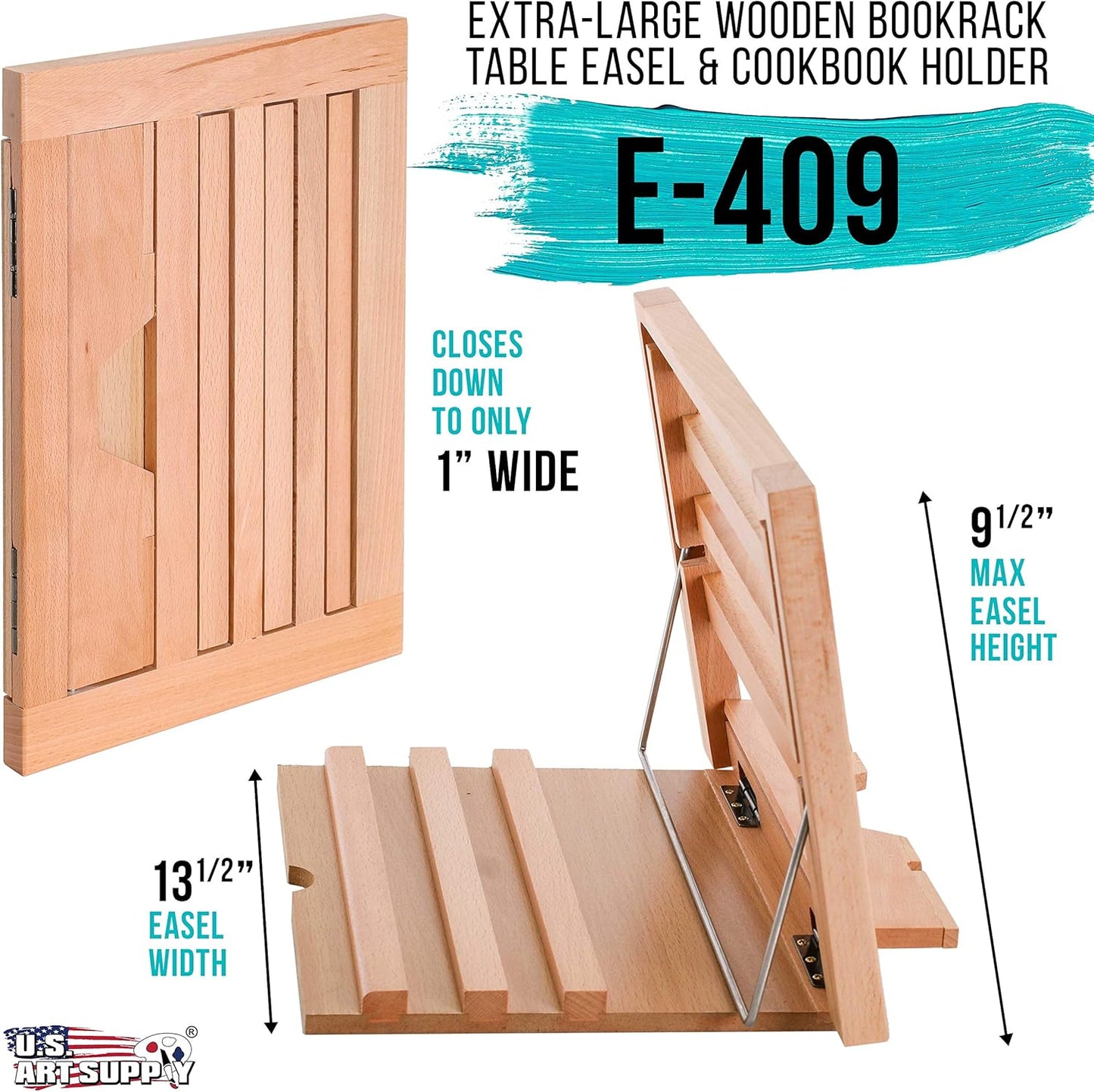 U.S. Art Supply Large Wooden Table Easel - Adjustable Incline, 2 Page Holders - Functions as Wooden Cookbook Stand, Kitchen Countertop Recipe Rack, Tablet Rest & Cook Book Holder for Kitchen Counter