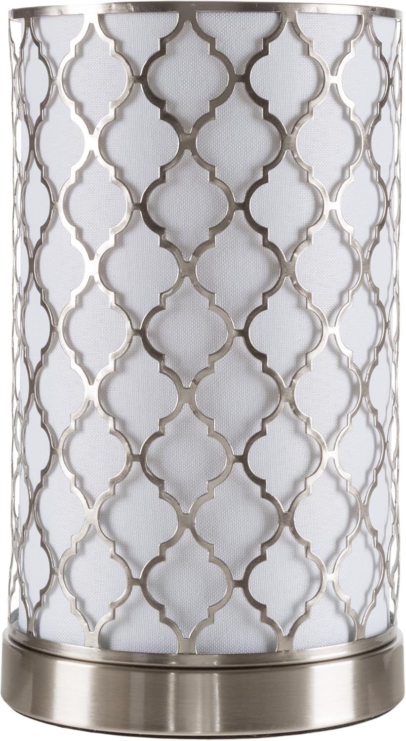 LED Uplight Table Lamp with Steel Finish, Fabric Overwrap, Laser Cut Quatrefoil Pattern and Included LED Light Bulb for Home Uplighting by Lavish Home