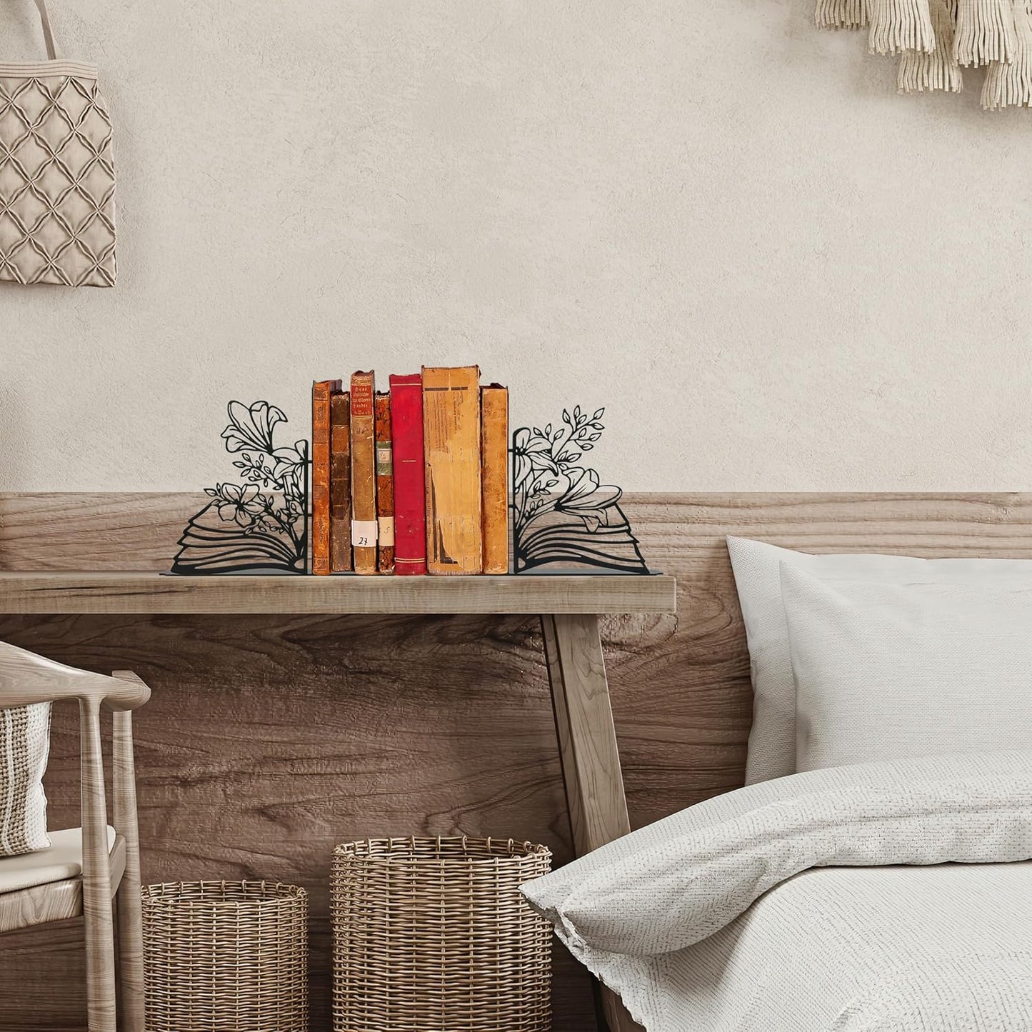 Metal Flower & Book Design Decorative Bookends – Cute Bookends for Shelves, Reading Room Decor for Book Lovers