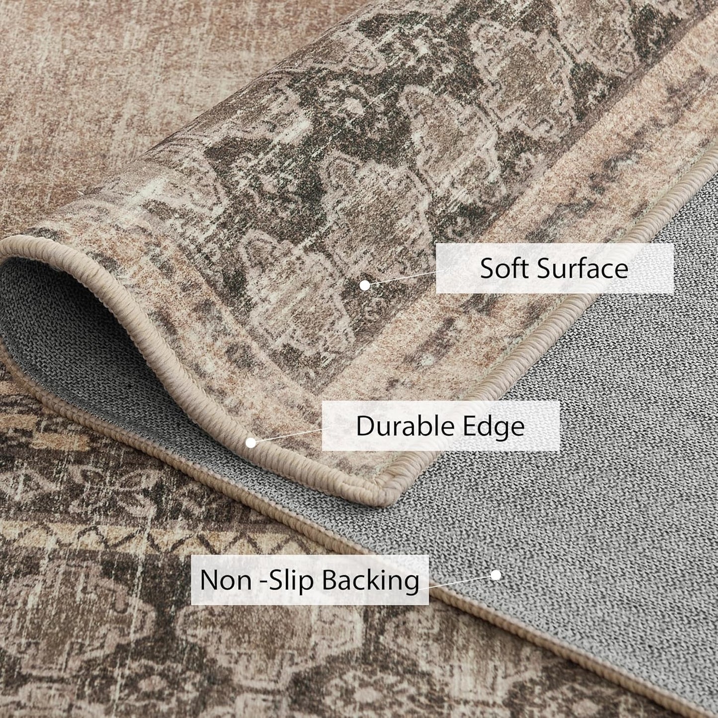 NICETOWN Machine Washable Faux Wool Rugs - 4x6 Area Rugs Ultra-Thin Carpet for Office, Study, Living Room Entryway with Non-Slip Backing, Distressed Large Carpet for Dining Room, Brown