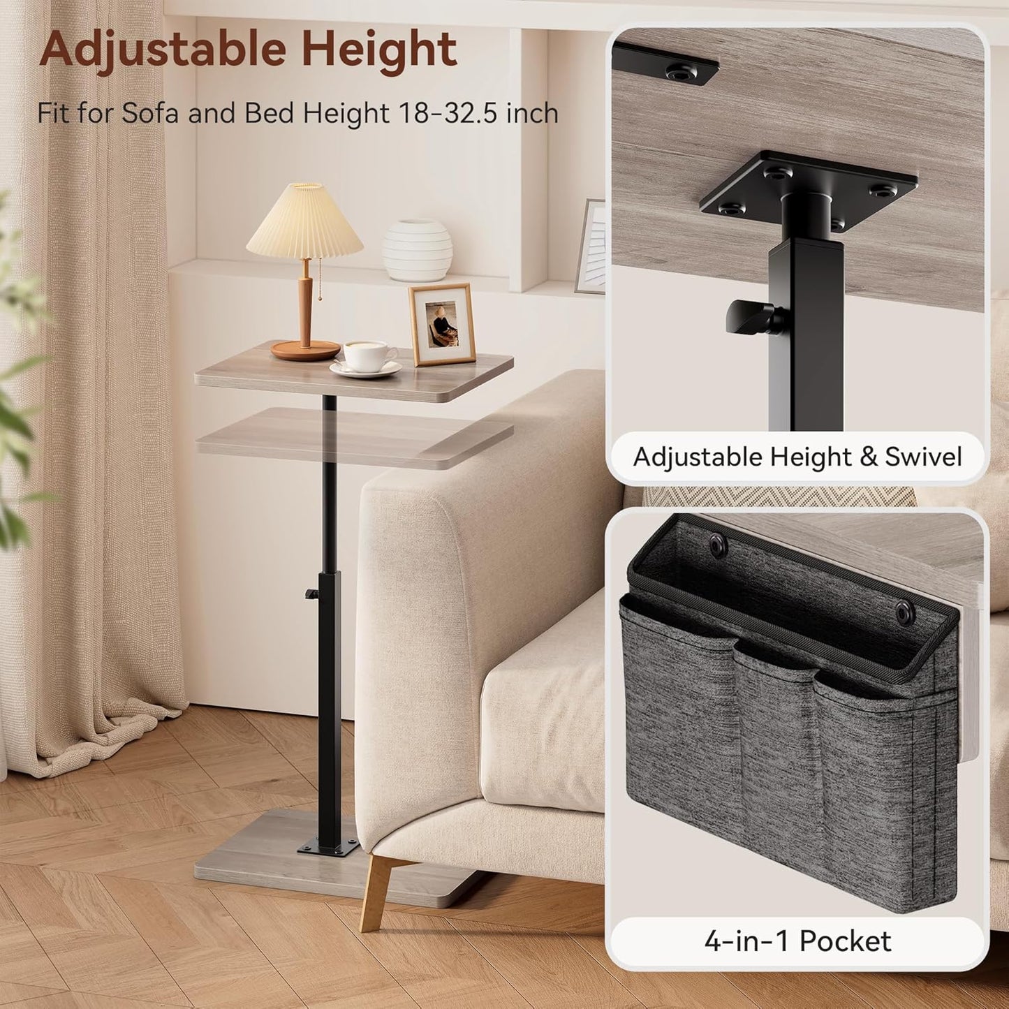 Vagusicc Sofa Armrest Tray Table for Couch, 360° Swivel Height Adjustable TV Tray Table for Small Spaces, Snack Side Table for Couch, Bed, Chair, C Shaped End Side Table for Eating, Reading, Laptop