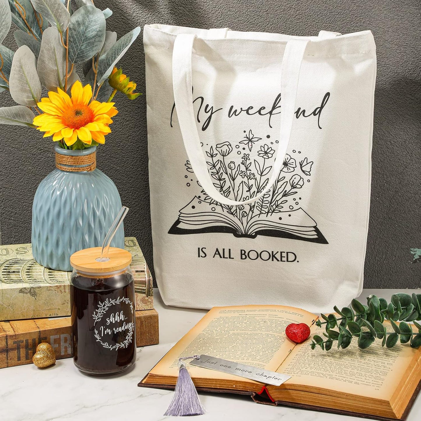 Inbagi Book Lover Gifts Bookish Set Include 16oz Drinking Glass with Bamboo Lid and Straw Stainless Steel Bookmark for Librarian Reader Club Bookworm Women(13 x 15 x 4'', Elegant)