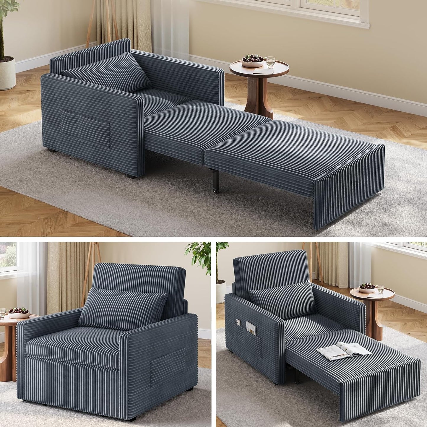 Ahomly 3 in 1 Pull Out Sleeper Chair, 75.2" Long Convertible Sofa Bed for Adults, Corduroy Armchair Chair Bed & Single Sleeper with Pillow for Dorm/Bedroom, Dark Grey