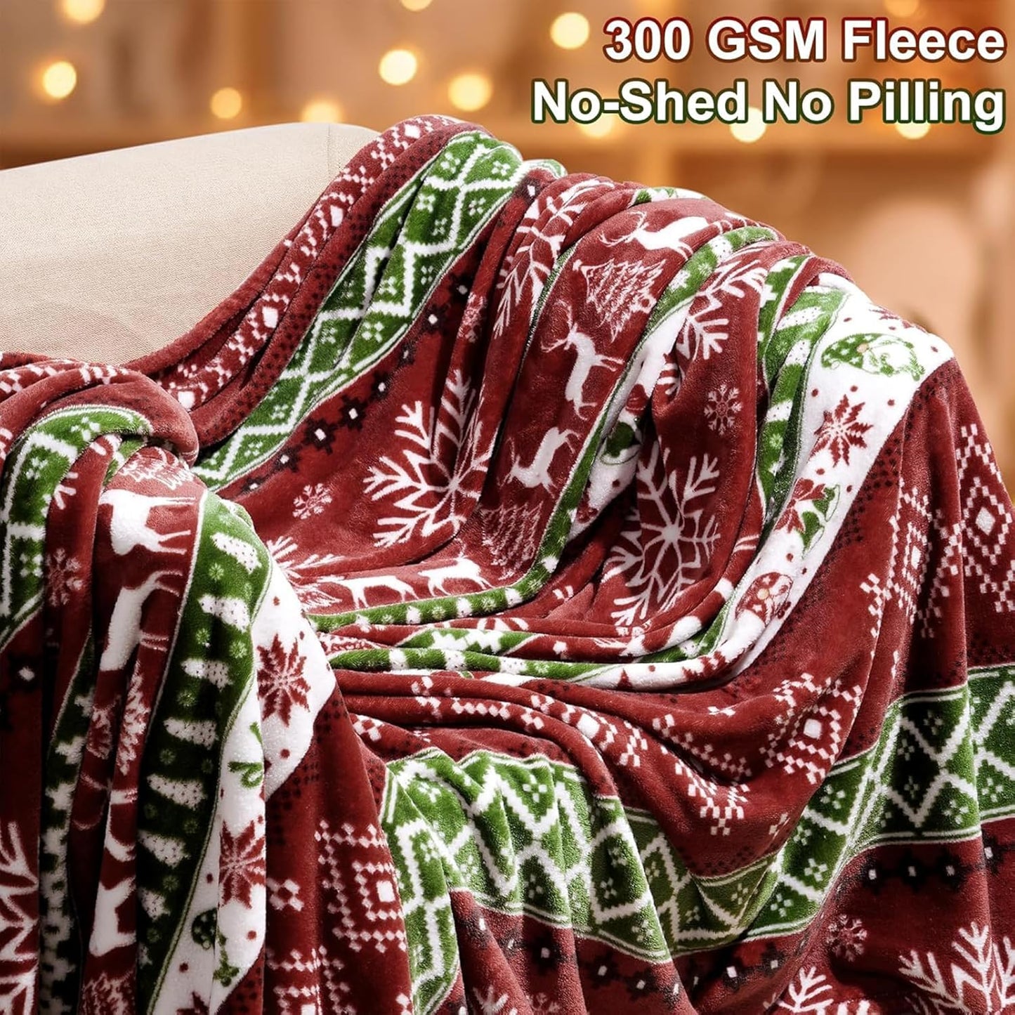 DIYKST Christmas Throw Blanket with Snowflake and Reindeer Pattern, Red Green White Holiday Design