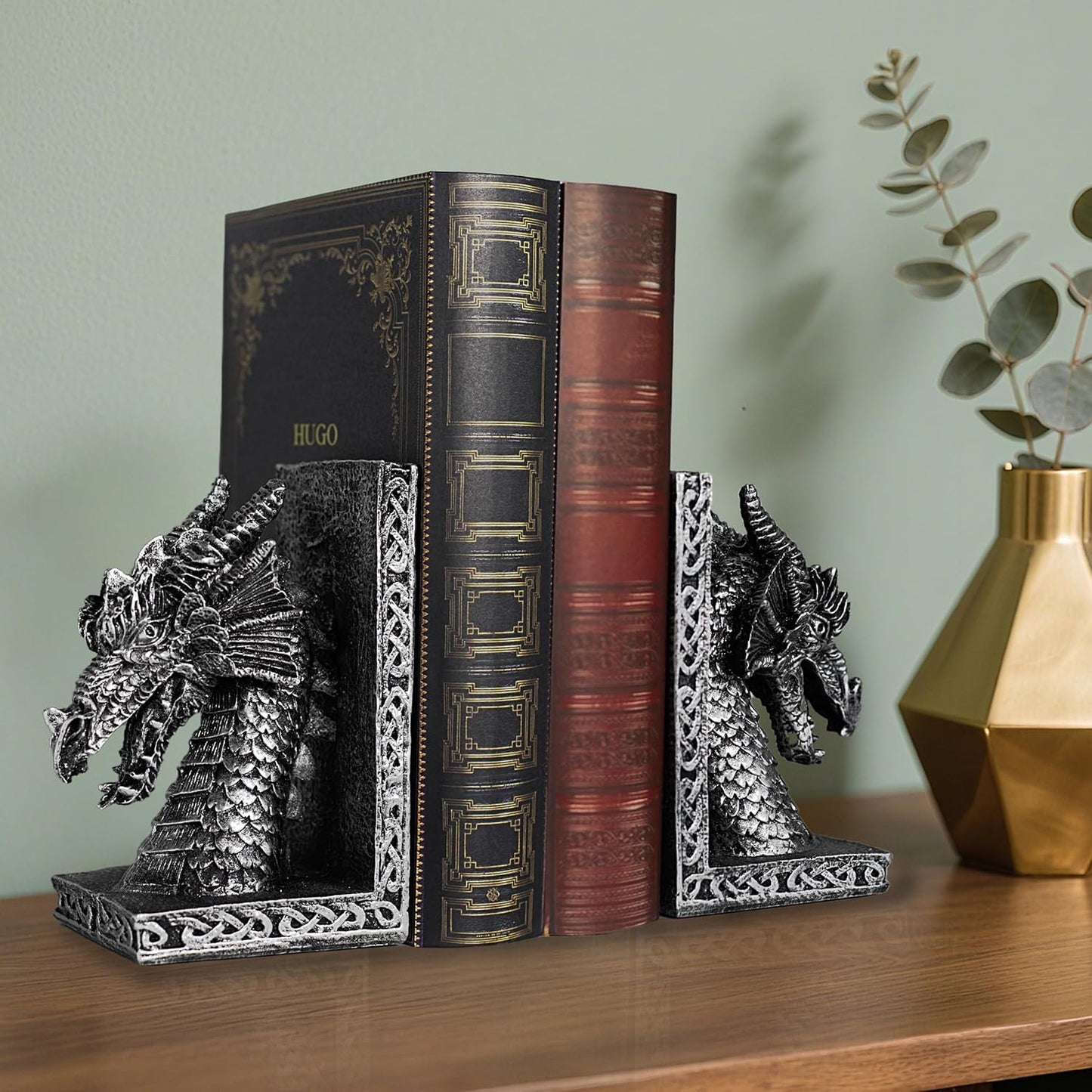 Book Ends for Shelves to Hold Books Heavy Duty,Decorative Bookend for Bookshelf Décor, Animal Dragon Book Stopper Dragon Statues for Home, Office Desk, Living Room Decoration,Vintage Silver,1pair