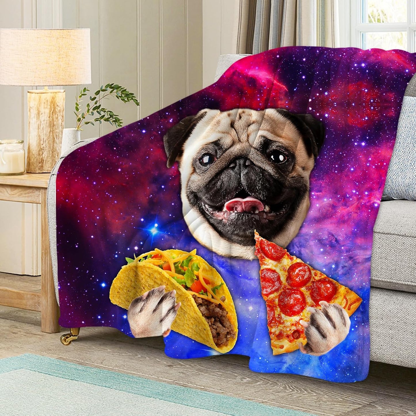 Cute Galaxy Pug Blanket Cartoon Throw Blanket, Kids Plush Fleece Blanket Super Cozy Soft Flannel Blanket Decorative Fuzzy Throws for Sofa Bed Living Room (50×60in, Galaxy Pug)