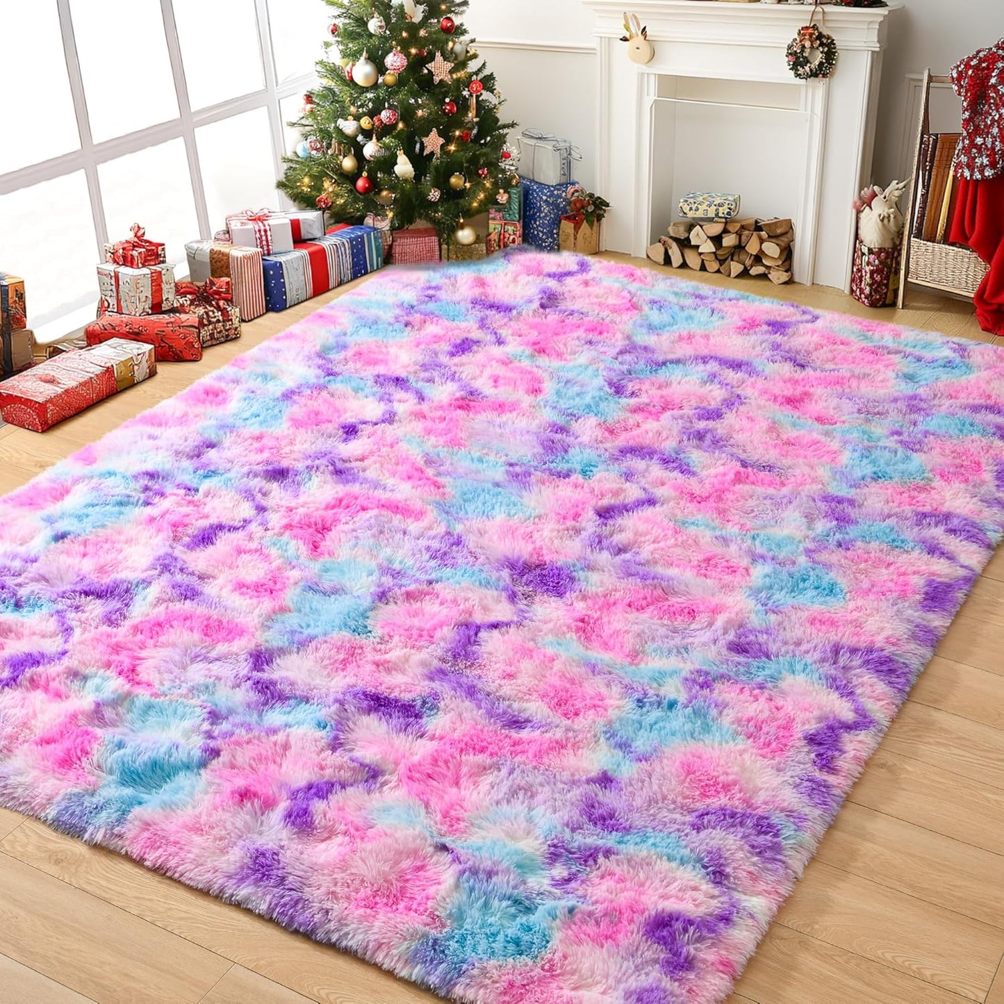 Tepook Soft Rainbow Rug 8x10 for Girls Room, Cute Fluffy Girls Bedroom Area Rug, Shaggy Princess Rug Colorful Carpet for Kids Teens Toddler Playroom Nursery Reading Nook, Hot Pink