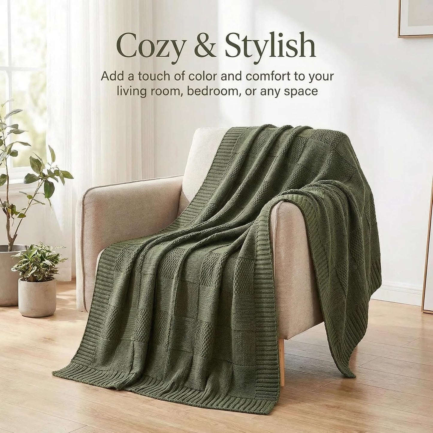 Checkered Knit Throw Blanket, Olive Green 50x60 Inches, Soft Warm Knitted Blanket for Couch, Sofa, Bed, Living Room, Bedroom, All Season Decorative Home Throw, Cozy Gift Blanket