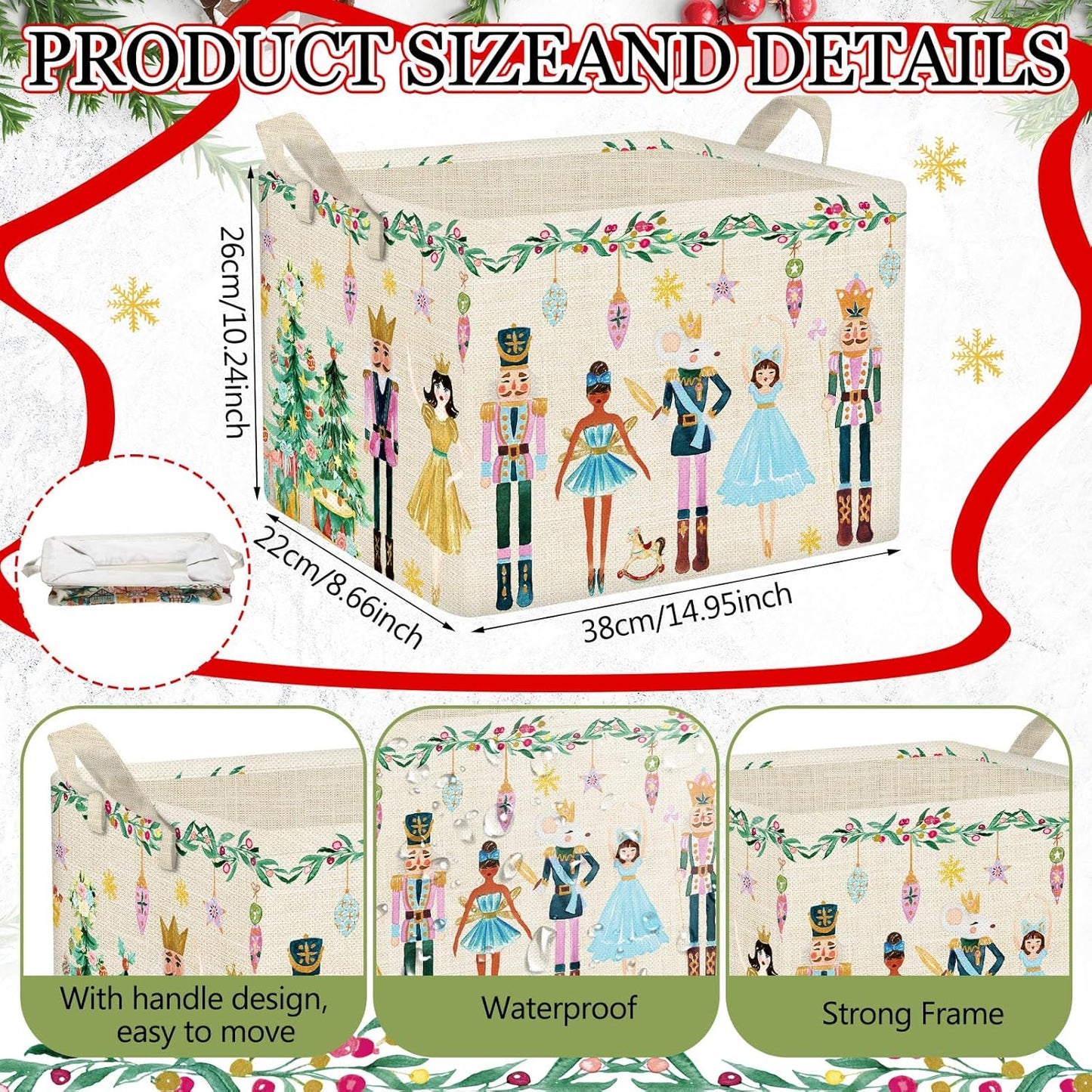 3 Pcs Christmas Nutcracker Baskets for Gifts Empty Christmas Tree Ballet Girl Soldier Storage Bin with Handle Fabric Storage Container Cube Box for Home Office Dorm Closet Shelf Organizer