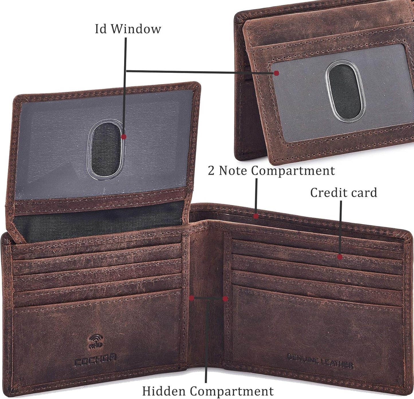 Wallet for Men Slim RFID Blocking Leather Bifold Minimalist 2 ID Windows Gift Box Carteras Para Hombres (CRAZY HORSE, COGNAC)