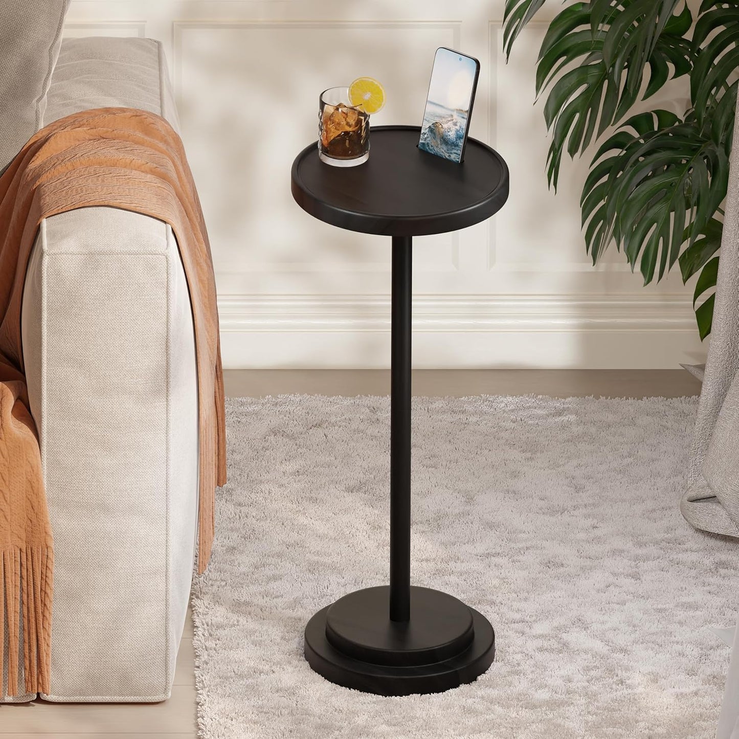 BLUEWEST Drink Table, 24.4" Tall Compact Side Table with Phone Slot and Weighted Base, Durable Pedestal Table Accent for Living Room (Flat, Walnut) (Black, Double Base)