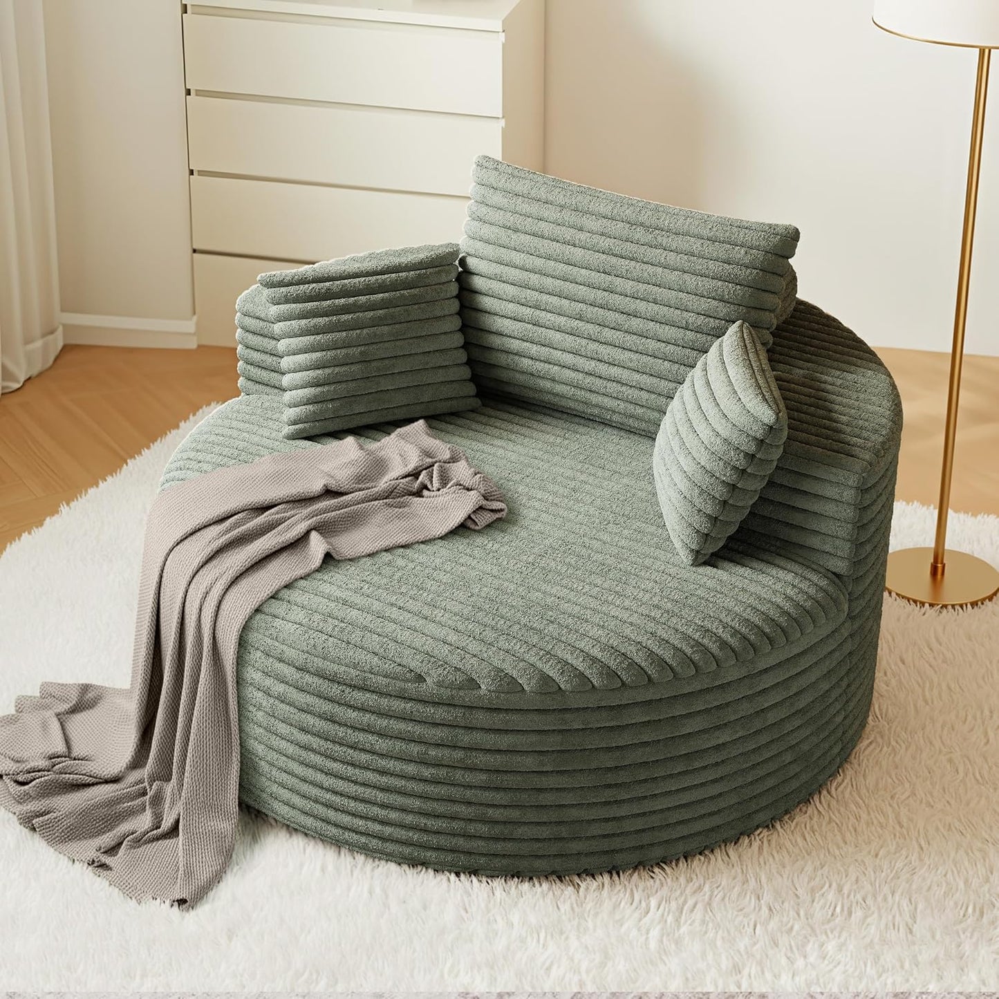 50" Oversized Round Chair Lounge Chaise Indoor, Modern Upholstered Corduroy Cloud Circle Chair with Deep Seat, Comfy Fluffy Sleeper Sofa for Reading, Living Room, Bedroom, No Assembly, Green