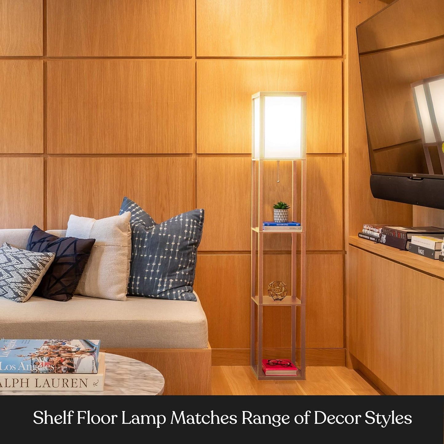 Brightech Maxwell - Modern Shelf Floor Lamp with Lamp Shade & Warm White LED Bulb, Corner Display Floor Lamp with Shelves for Living Room, Bedroom, Nightstand Office, Home Decor Storage - Natural Wood
