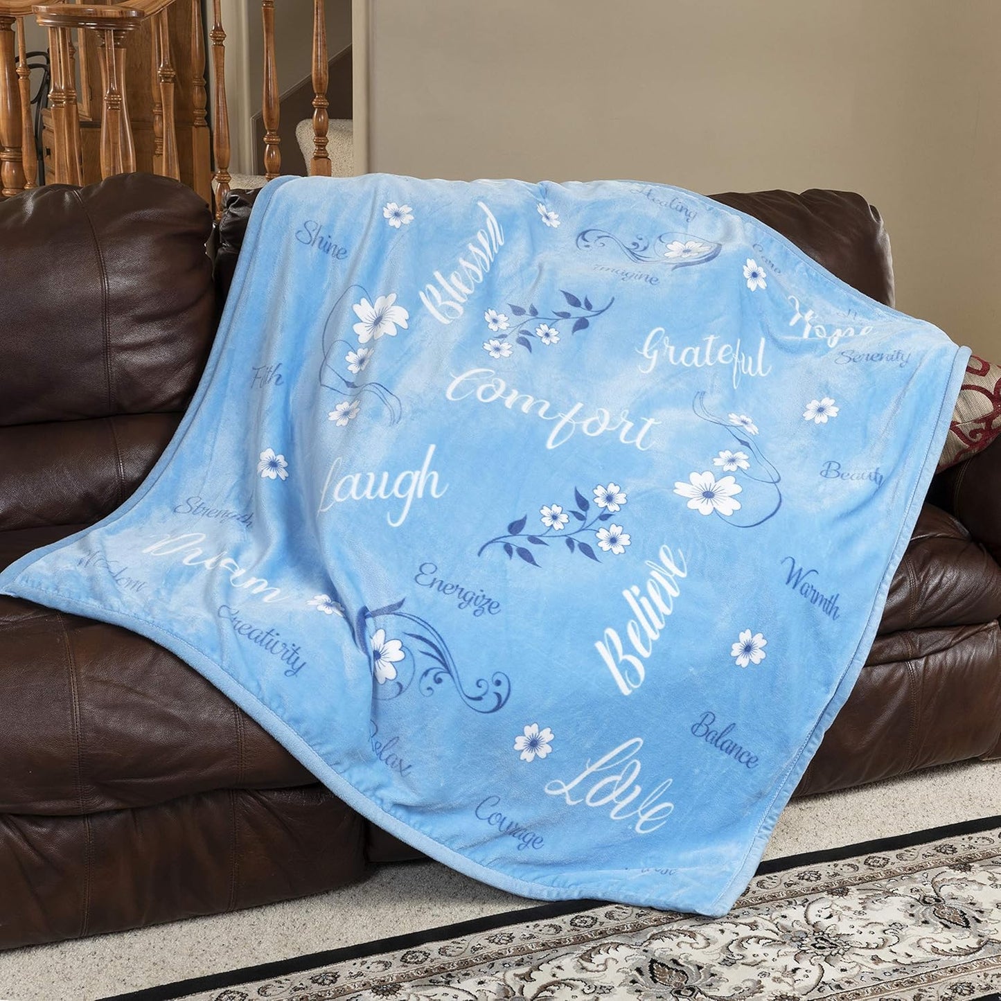 Oversized Throw Blanket with Inspirational Words of Comfort - Get Well Soon Healing Thoughts and Loving Wishes - Extra Large 50x60 Soft Sentiments - Blue Floral