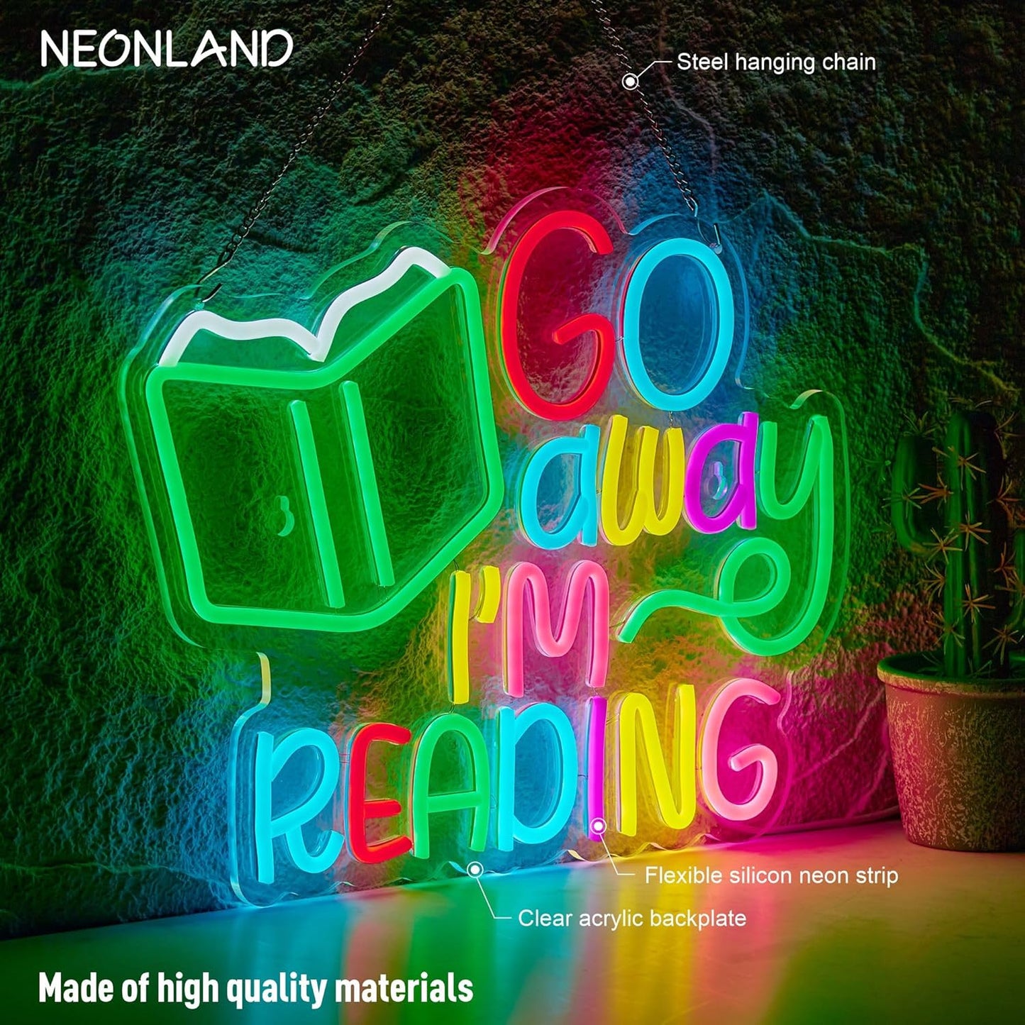 Read Books Neon Sign Go Away I Am Reading LED Light for Kids Room School Library Classroom Wall Decor Dimmable Multicolored Signs (16.5 X 12.6 inch)