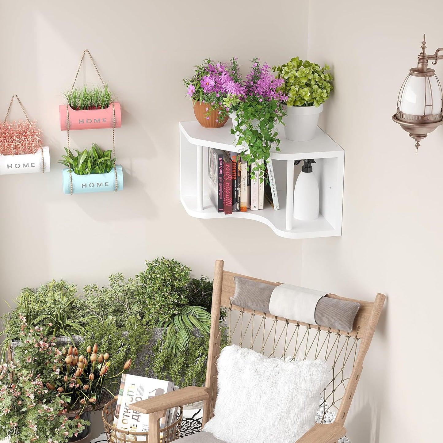White Corner Floating Shelf Wall Mounted, Pine Wood Shelves 90° Corner Floating Cabinet Shelf for Wall, 18’’ Bedside Corner Shelves with Cord Hole, Projector Floating Shelf for Living Room, Bedroom