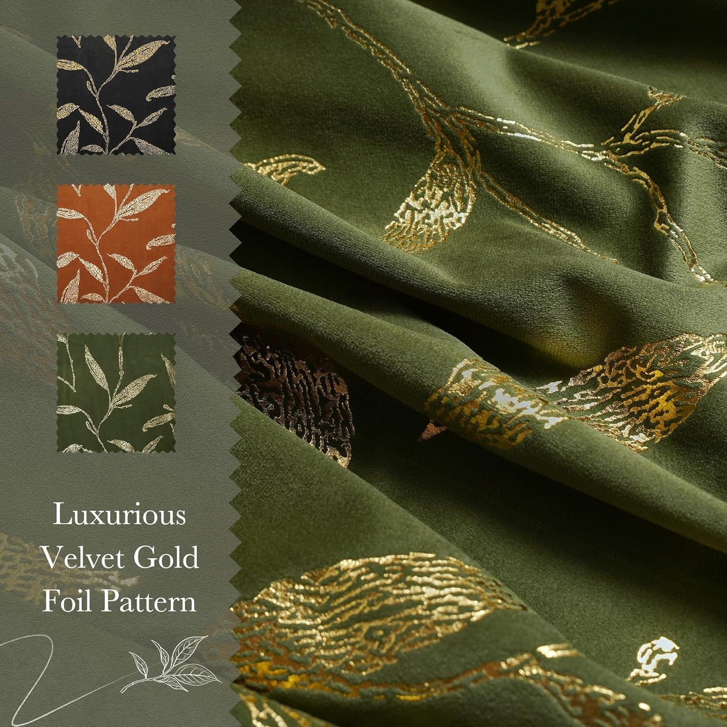 NICETOWN Olive Green Velvet Curtains with Gold Foil Leaf Print – Vintage Drapes for Bedroom, Luxury Botanical Window Treatments for Cottagecore & Mid-Century Decor, Thermal Rod Pocket, W50 x L84