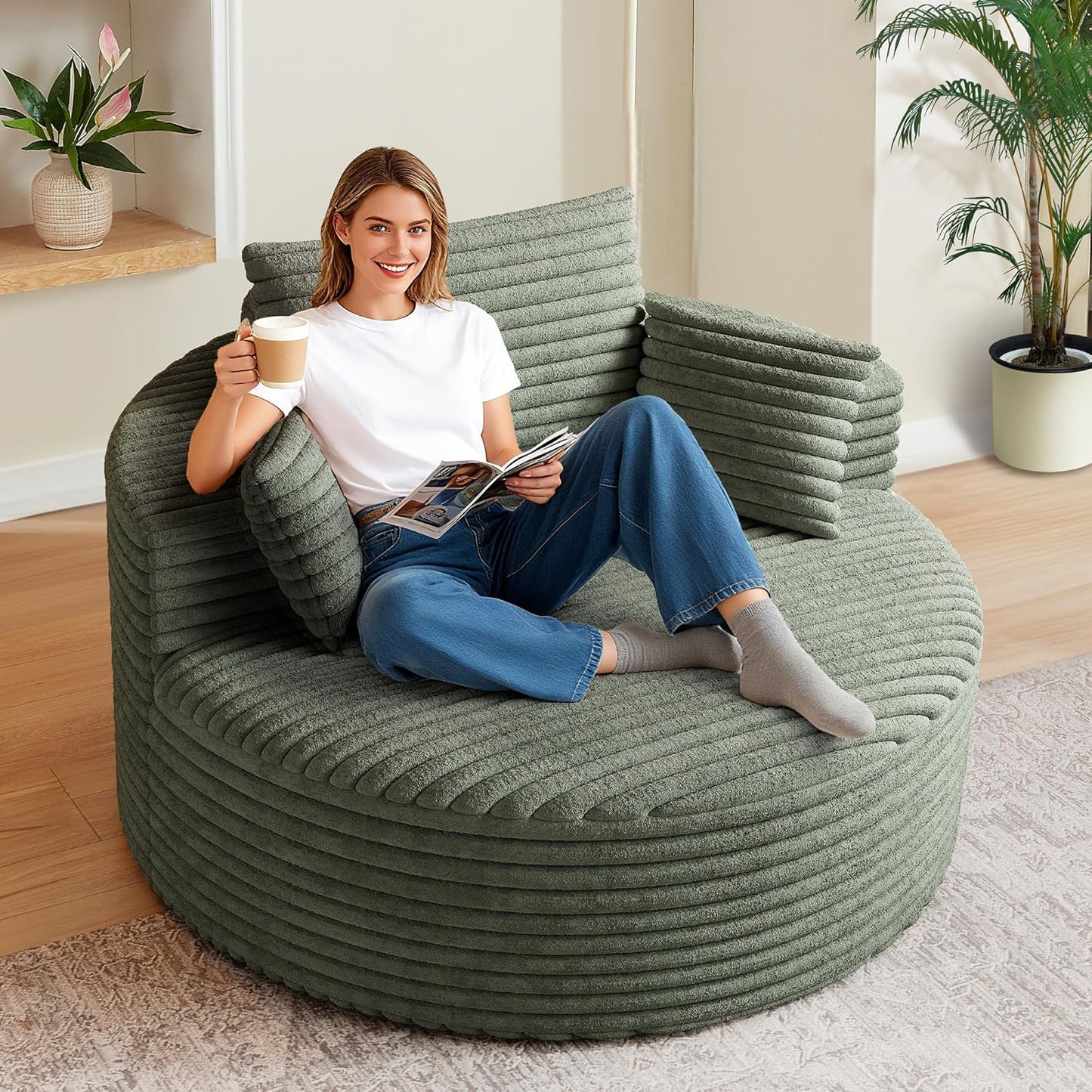 50" Oversized Round Chair Lounge Chaise Indoor, Modern Upholstered Corduroy Cloud Circle Chair with Deep Seat, Comfy Fluffy Sleeper Sofa for Reading, Living Room, Bedroom, No Assembly, Green