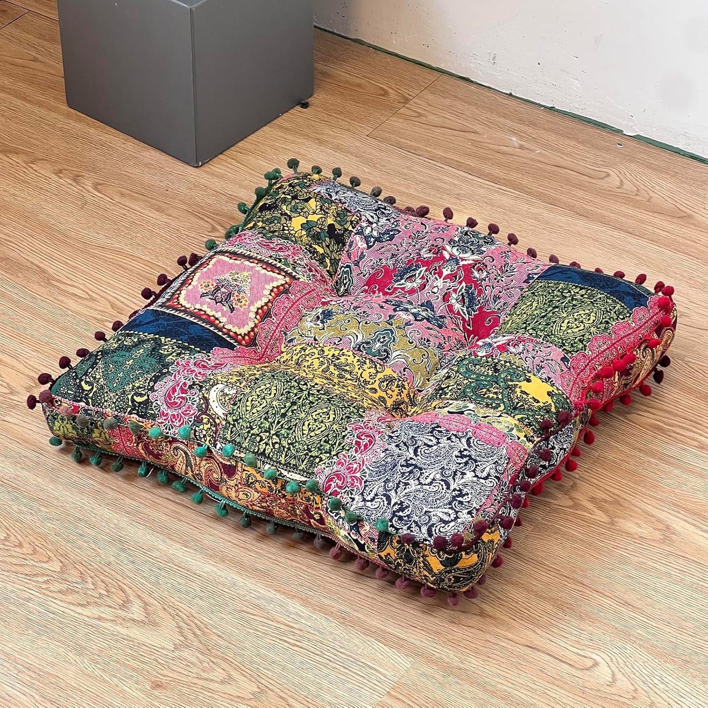 vctops Boho Seat Cushion Chair Pad with Pompoms, Tribal Printed Soft Comforatble Seat Pillow Cushion Cotton Linen Square Chair Cushion for Kitchen Living Room Adults Kids Reading (Pink,16"x16")