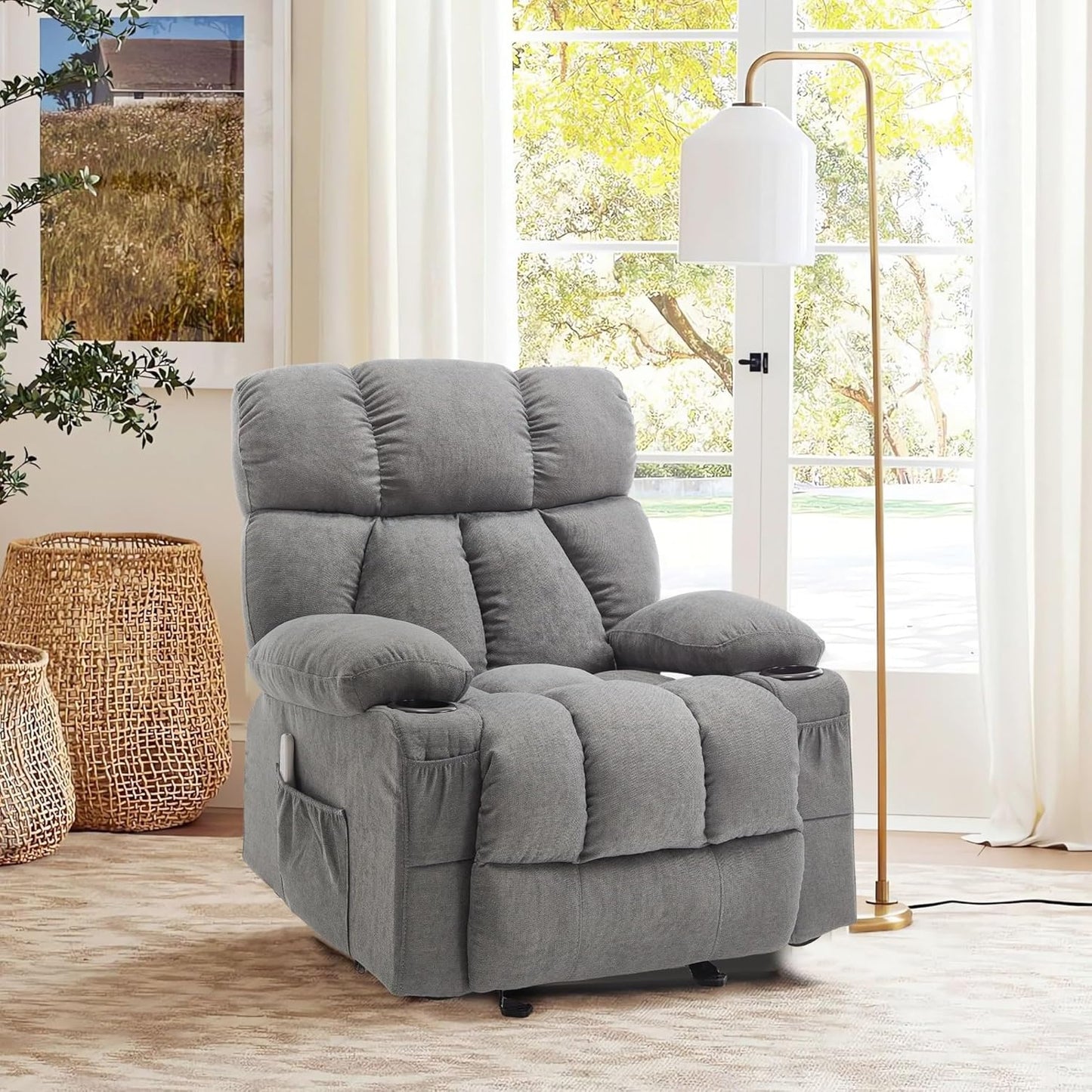 Massage Rocker Recliner Chair with Heat and Vibration Comfy Overstuffed Ergonomic Rocking Lounge Chairs with 4 Side Pockets Cup Holders for Living Room Bedroom(Brown)