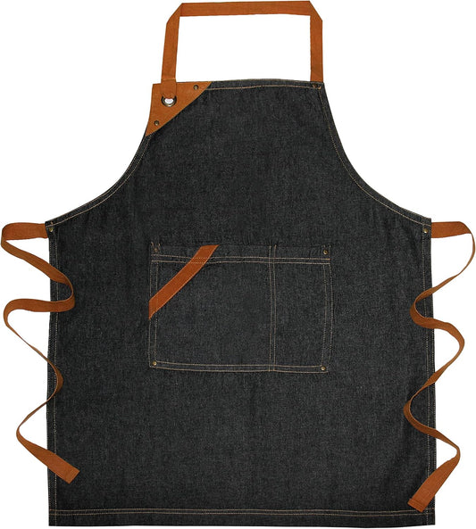 100% Cotton Denim Kitchen Apron with Pocket and Adjustable Neck with Long Ties Apron 25" X 31" for Women Men Chef Cooking, Baking, Gardening, Black