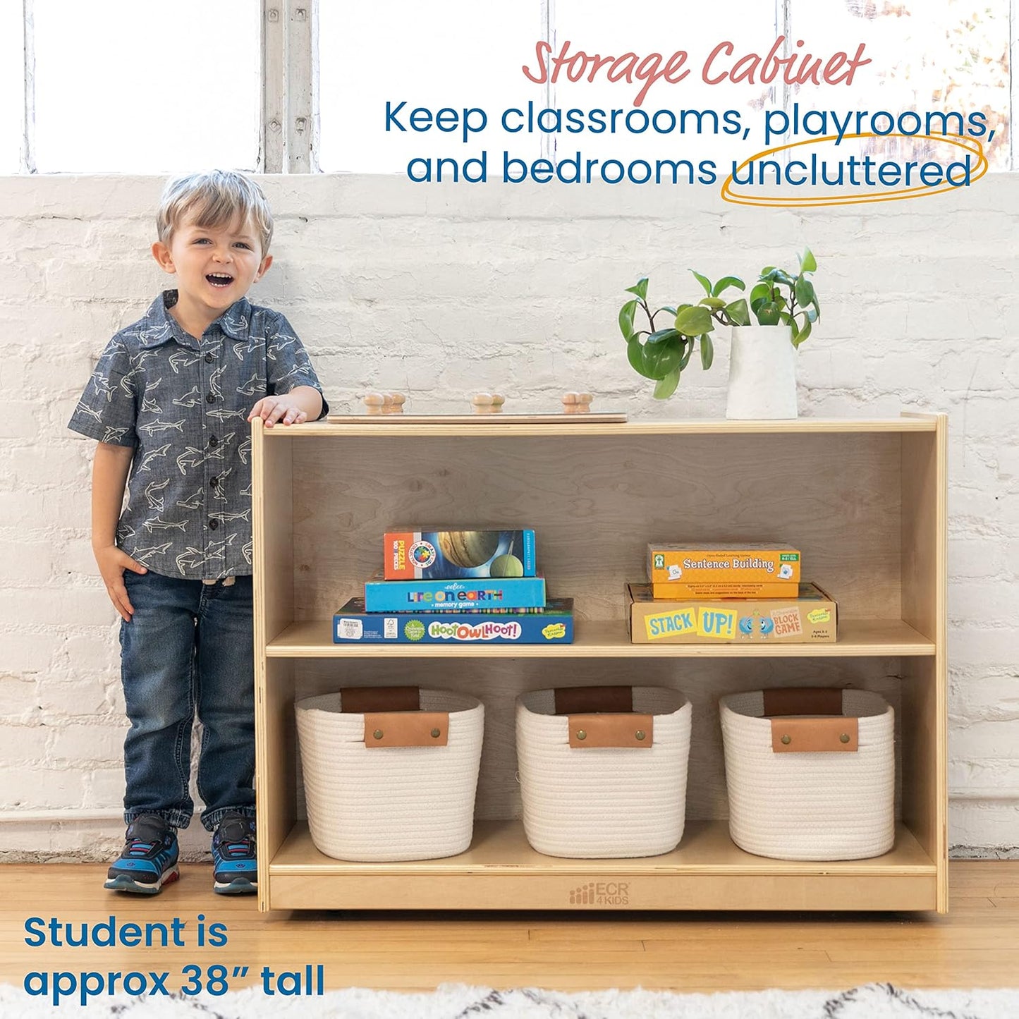 ECR4Kids 2-Shelf Mobile Storage Cabinet, Classroom Furniture, Natural