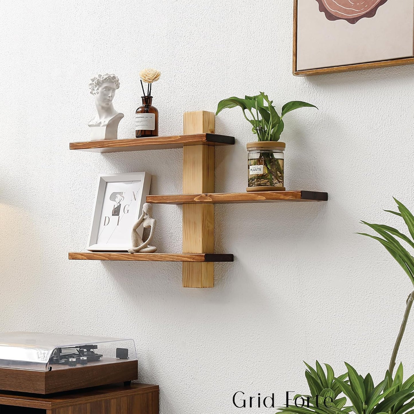 Wood 3 Tier Floating Shelf, Large Minimalist Wall Shelves, Mid Century Modern Furniture, Art Deco, Plant Rock Crystal Shelving for Bedroom Living Room Office Bathroom