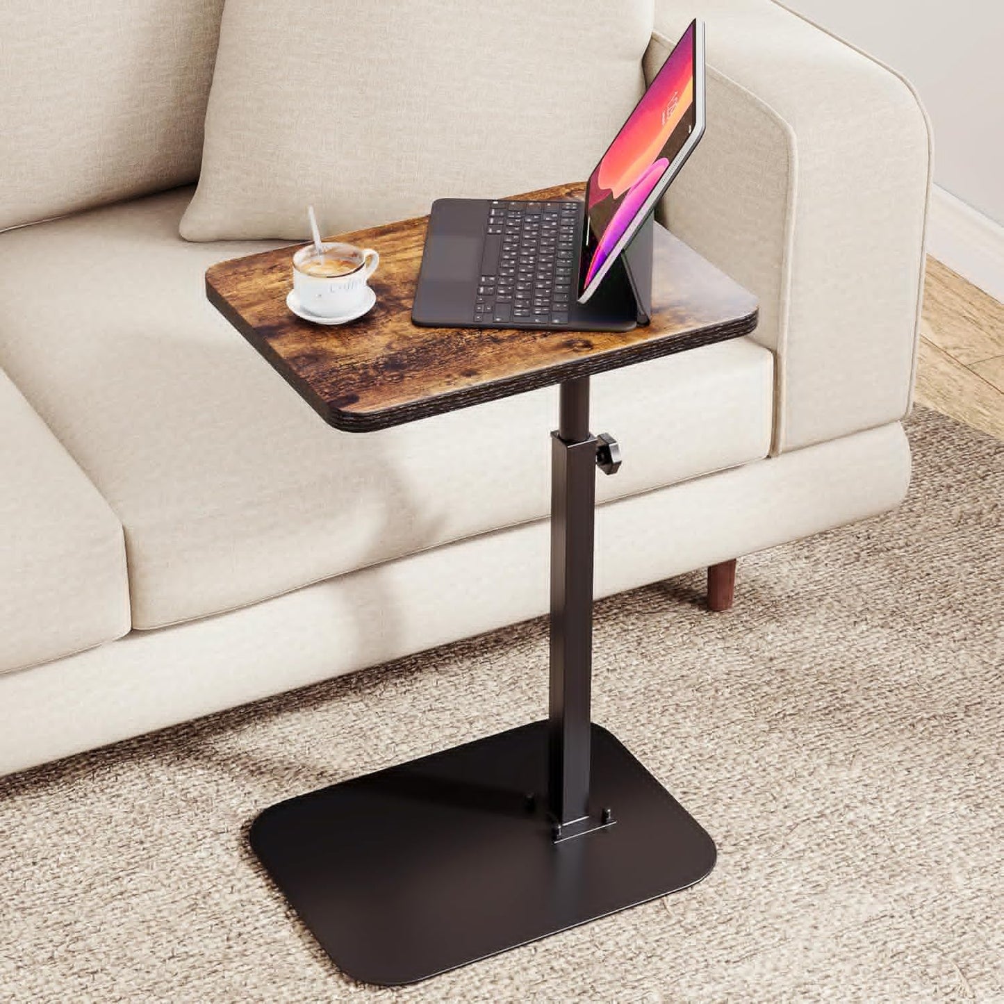 ELYKEN TV Tray Table, C-Shape Couch Desk, 360° Swivel Side Table Height Adjustable, Laptop Stand for Couch Recliner, Small Bedside Tables, Rustic Brown